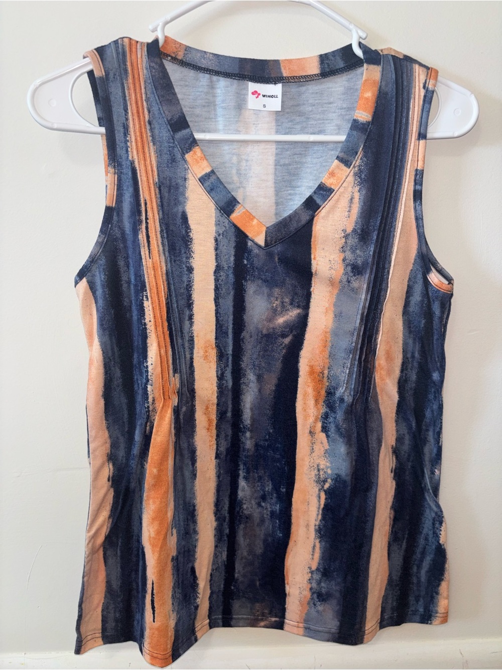 V-Neck Sleeveless Tank Top - Navy and Peach Stripe